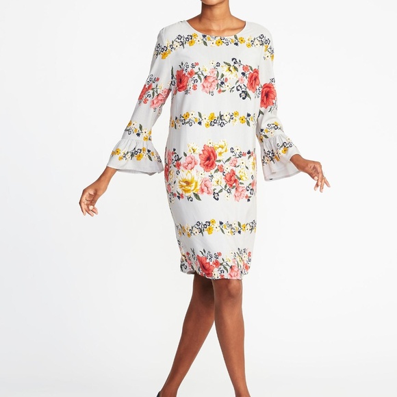 Old Navy Grey Floral Printed Bell Sleeve Dress - Picture 1 of 2